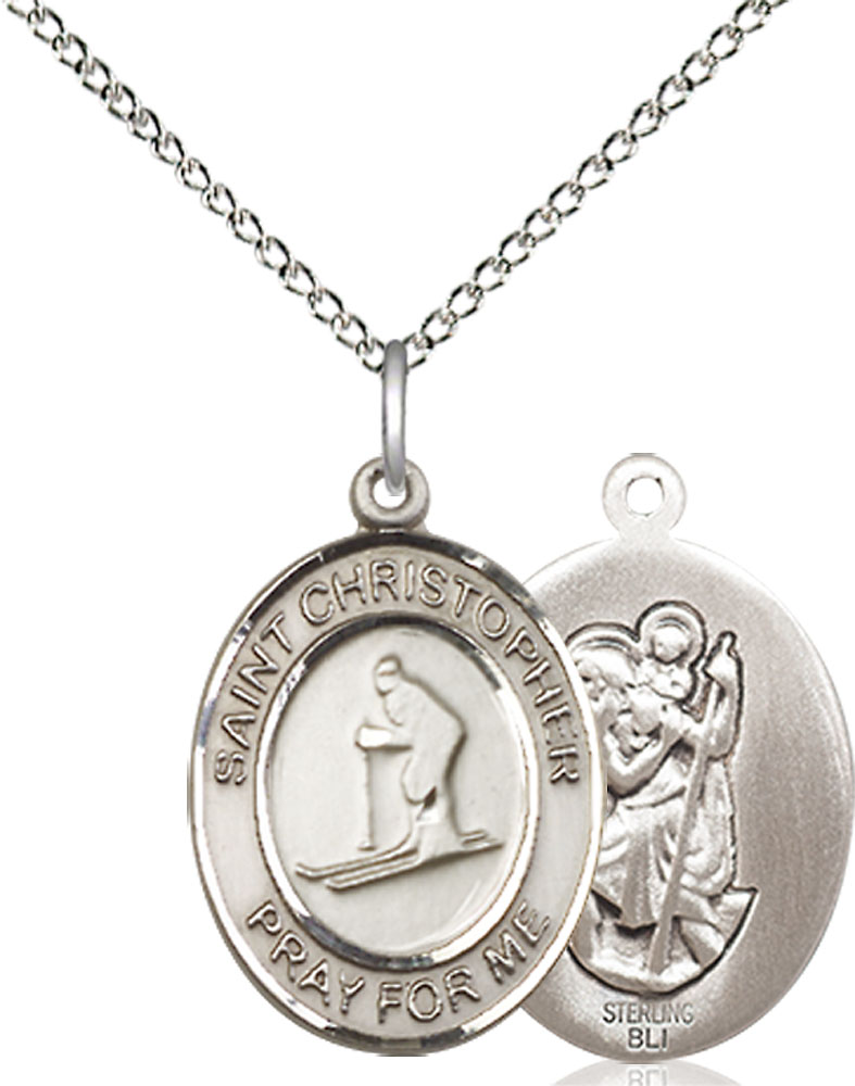 Sterling Silver Saint Christopher Skiing Pendant on a 18 inch Sterling Silver Light Curb chain
