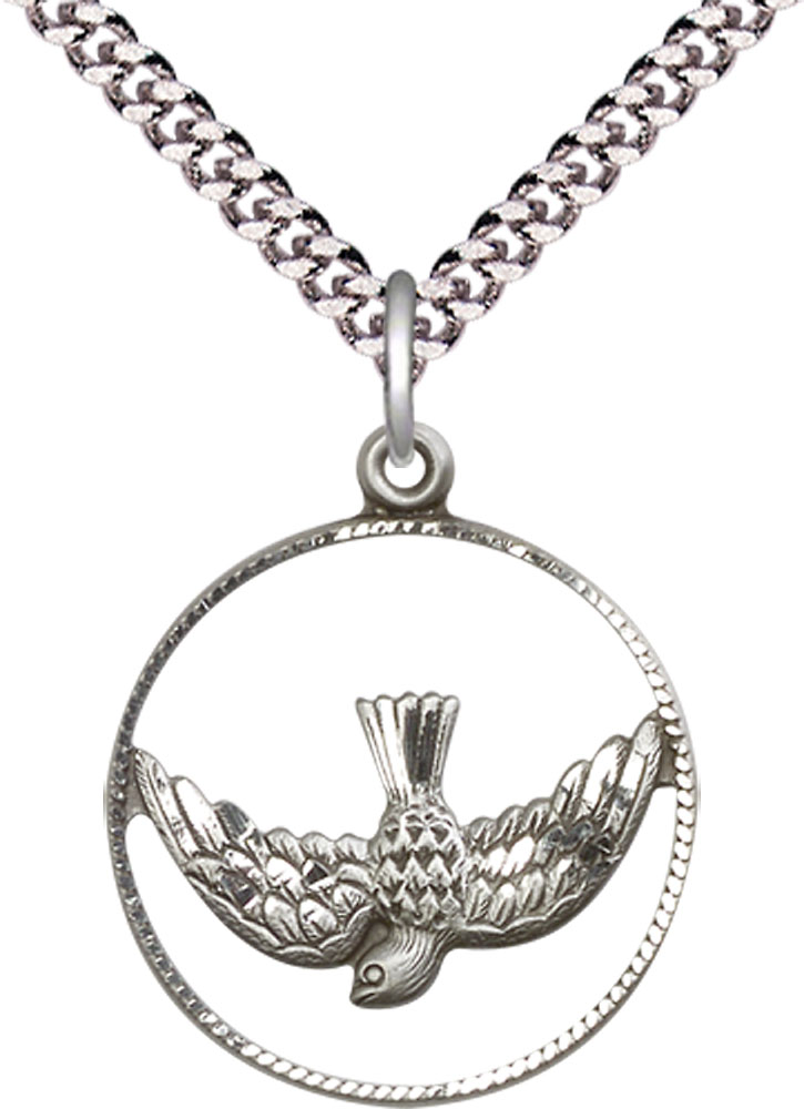 Sterling Silver Holy Spirit Pendant on a 24 inch Light Rhodium Heavy Curb chain