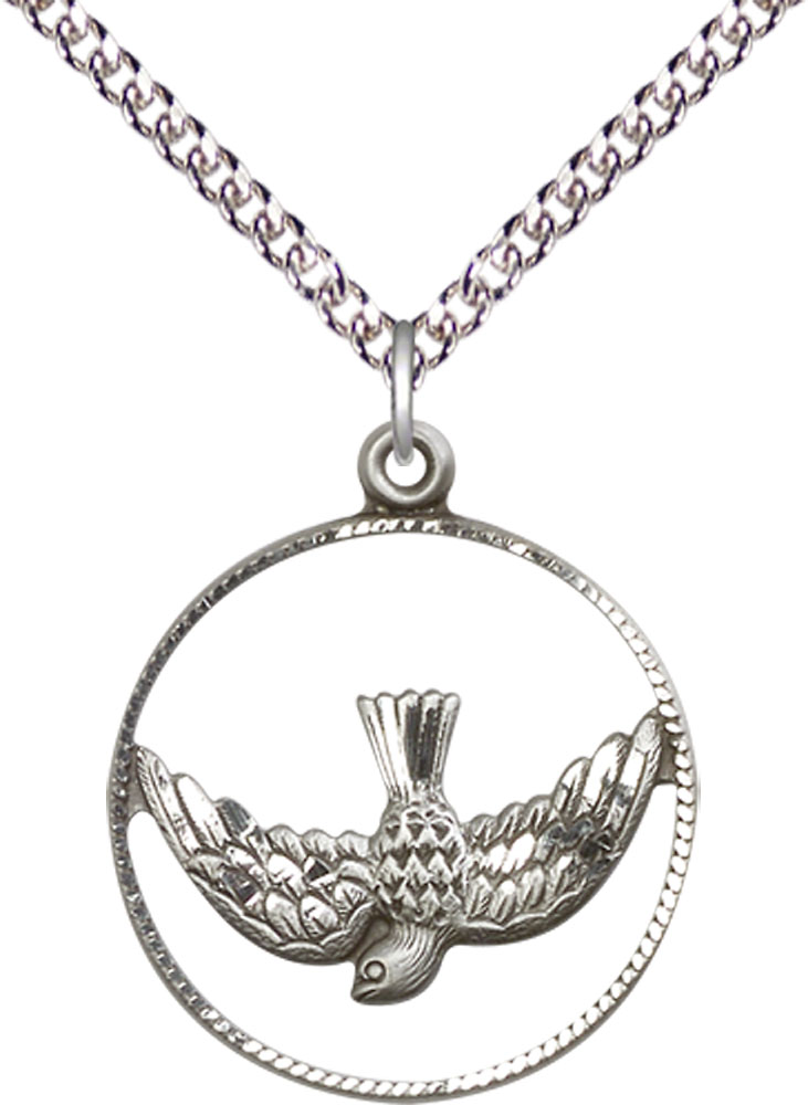 Sterling Silver Holy Spirit Pendant on a 24 inch Sterling Silver Heavy Curb chain