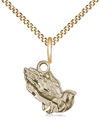 14kt Gold Filled Praying Hands Pendant on a 18 inch Gold Plate Light Curb chain