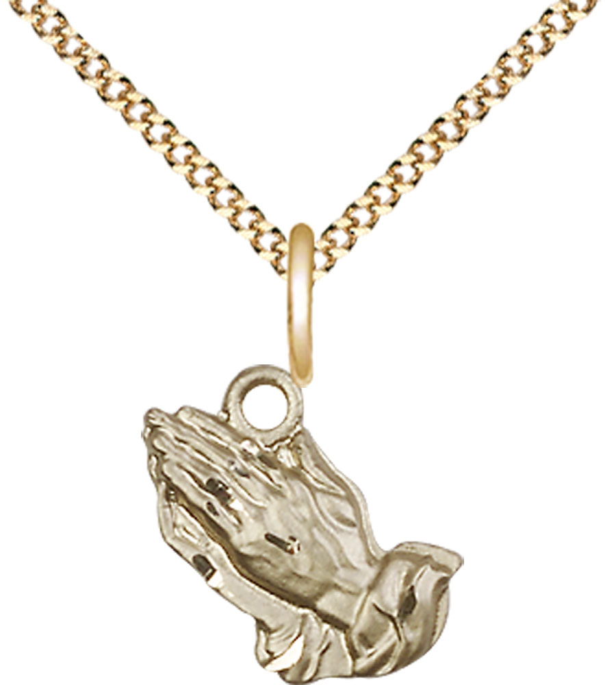 14kt Gold Filled Praying Hands Pendant on a 18 inch Gold Plate Light Curb chain