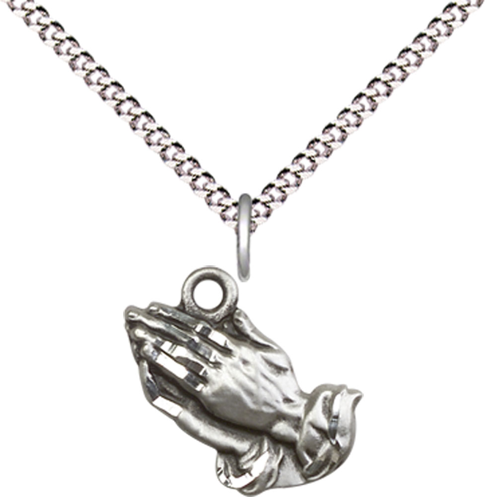 Sterling Silver Praying Hands Pendant on a 18 inch Light Rhodium Light Curb chain