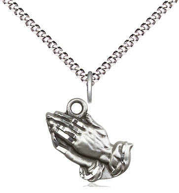 Sterling Silver Praying Hands Pendant on a 18 inch Light Rhodium Light Curb chain