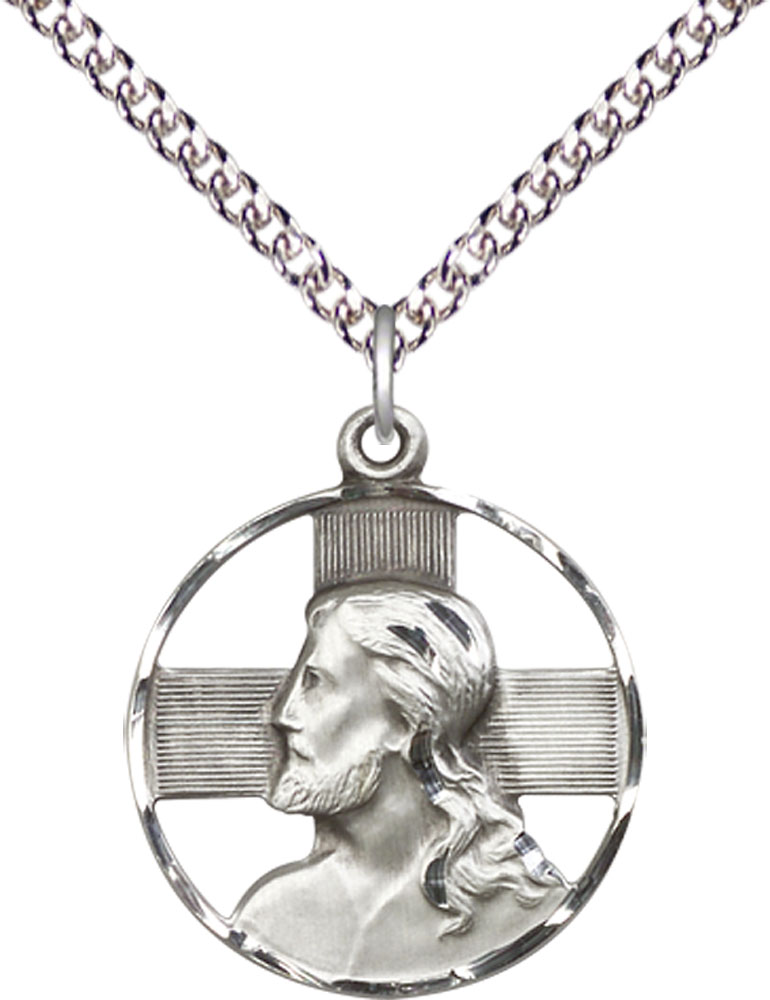 Sterling Silver Head of Christ Pendant on a 24 inch Sterling Silver Heavy Curb chain