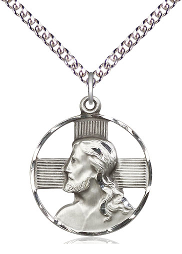 Sterling Silver Head of Christ Pendant on a 24 inch Sterling Silver Heavy Curb chain