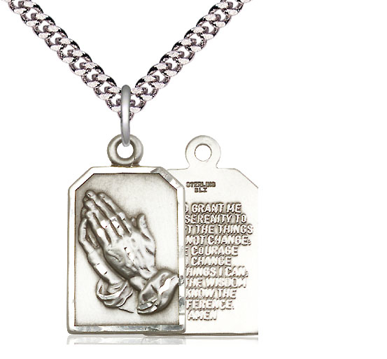 Sterling Silver Praying Hands Pendant on a 24 inch Light Rhodium Heavy Curb chain