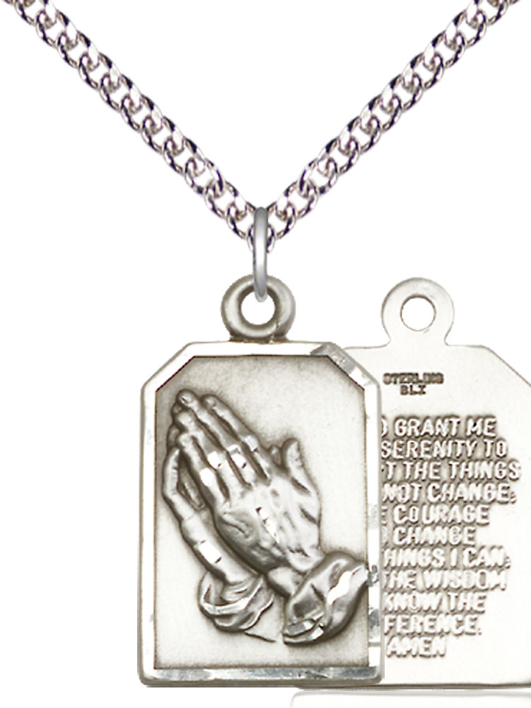 Sterling Silver Praying Hands Pendant on a 24 inch Sterling Silver Heavy Curb chain