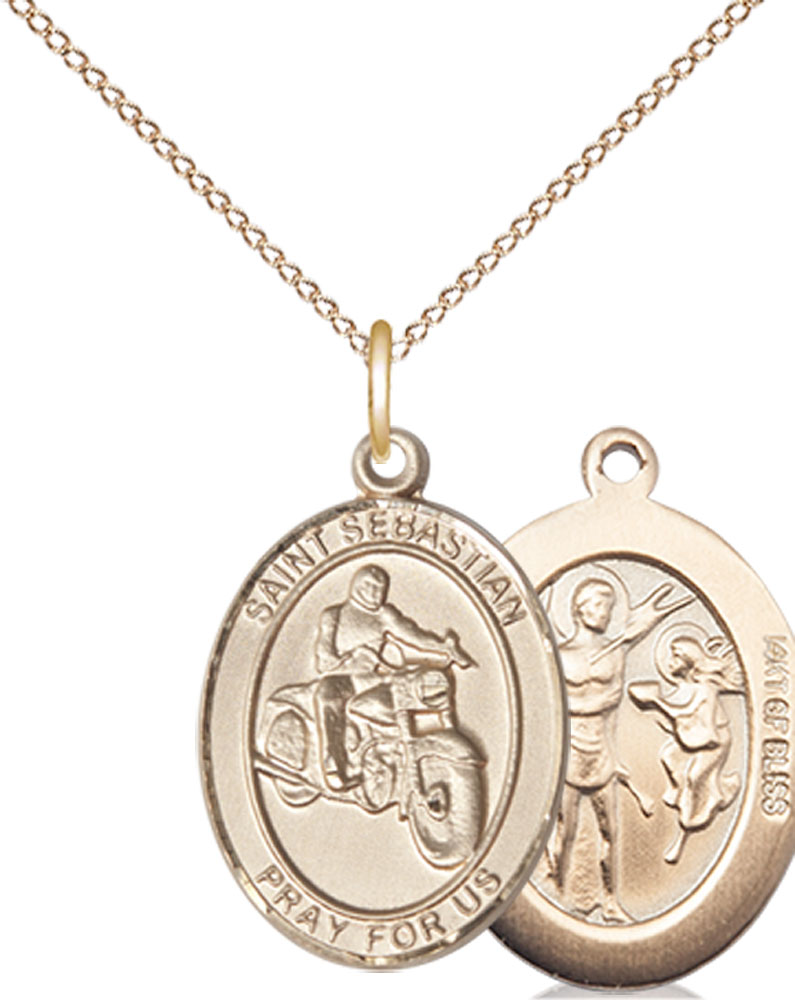 14kt Gold Filled Saint Sebastian Motorcycle Pendant on a 18 inch Gold Filled Light Curb chain