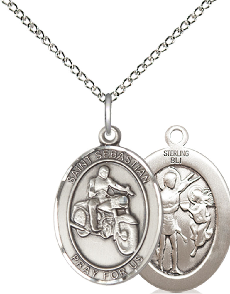 Sterling Silver Saint Sebastian Motorcycle Pendant on a 18 inch Sterling Silver Light Curb chain