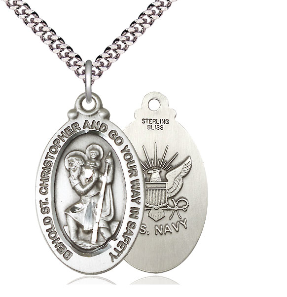 Sterling Silver Saint Christopher Navy Pendant on a 24 inch Light Rhodium Heavy Curb chain
