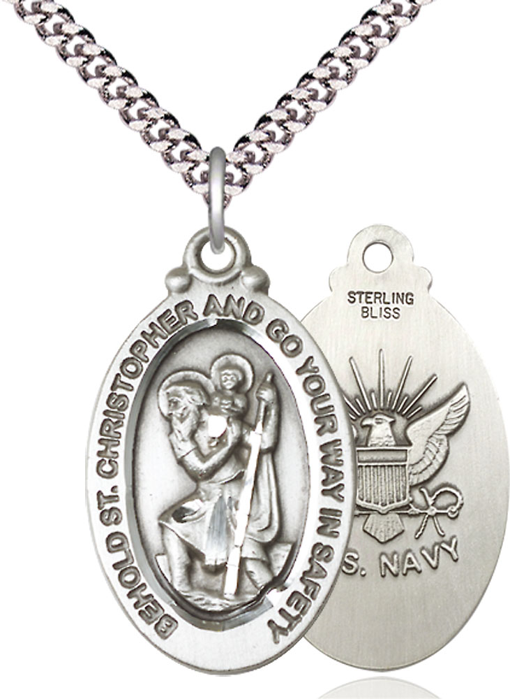 Sterling Silver Saint Christopher Navy Pendant on a 24 inch Light Rhodium Heavy Curb chain