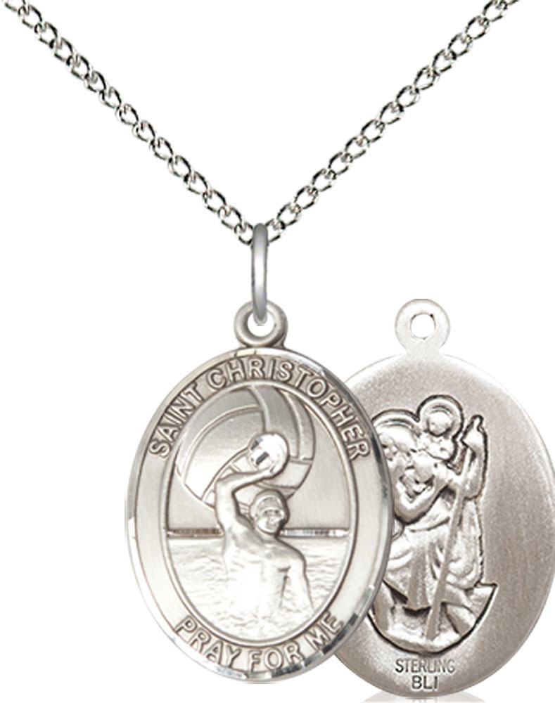 Sterling Silver Saint Christopher Water Polo-Men Pendant on a 18 inch Sterling Silver Light Curb chain
