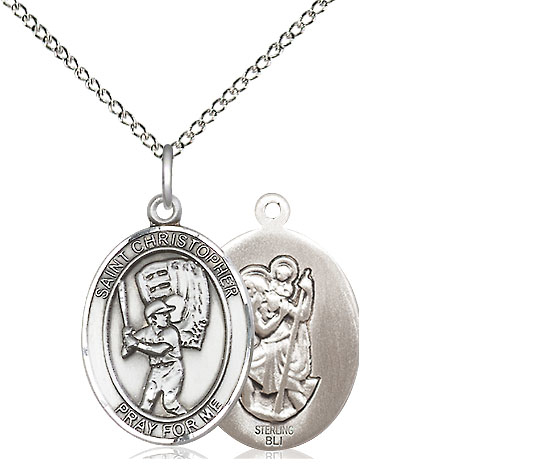 Sterling Silver Saint Christopher Baseball Pendant on a 18 inch Sterling Silver Light Curb chain