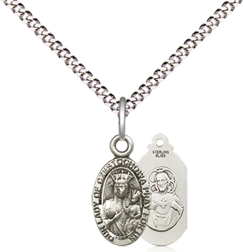 Sterling Silver Our Lady of Czestochowa Pendant on a 18 inch Light Rhodium Light Curb chain