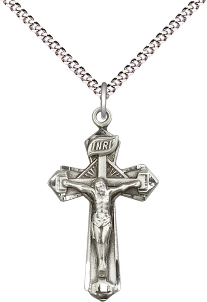 Sterling Silver Crucifix Pendant on a 18 inch Light Rhodium Light Curb chain