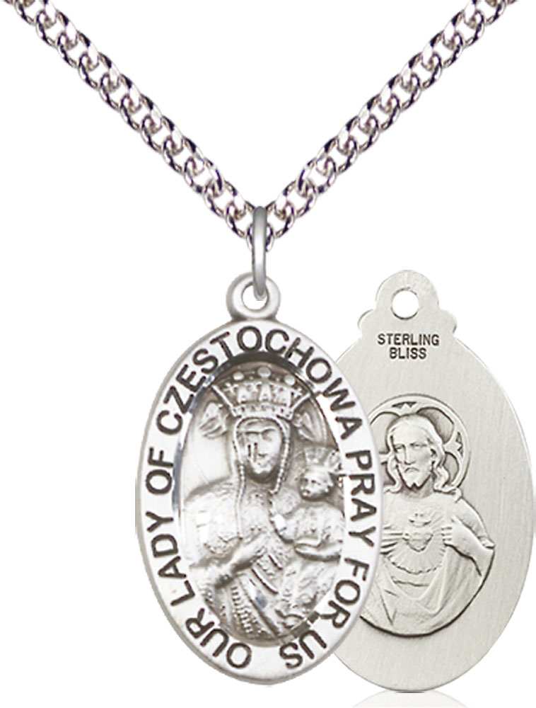 Sterling Silver Our Lady of Czestochowa Pendant on a 24 inch Sterling Silver Heavy Curb chain