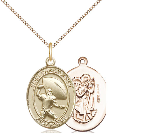 14kt Gold Filled Saint Christpher Football Pendant on a 18 inch Gold Filled Light Curb chain