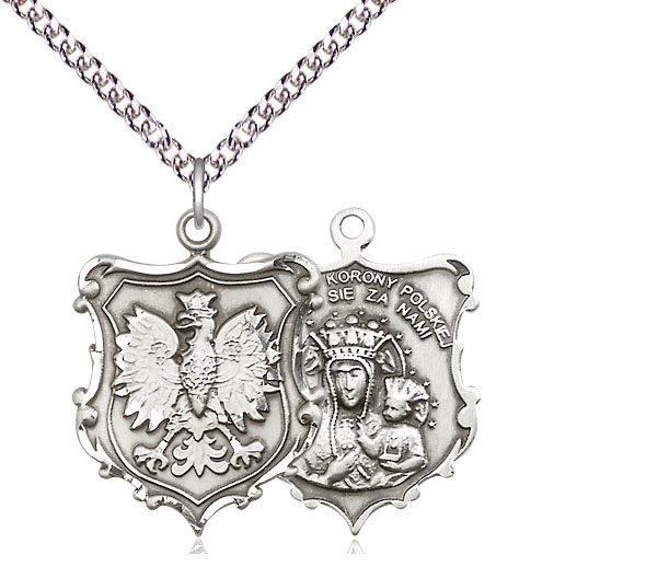 Sterling Silver Our Lady of Czestochowa Pendant on a 24 inch Sterling Silver Heavy Curb chain