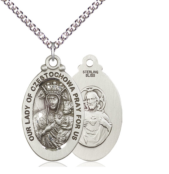 Sterling Silver Our Lady of Czestochowa Pendant on a 24 inch Sterling Silver Heavy Curb chain