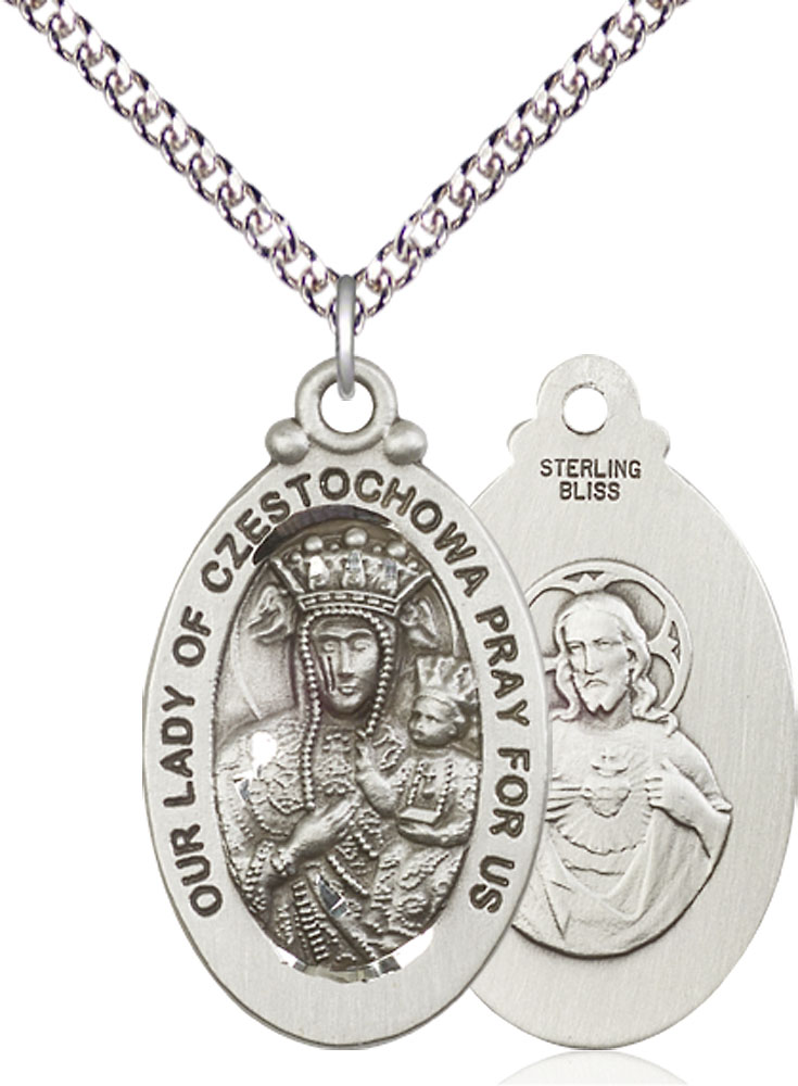 Sterling Silver Our Lady of Czestochowa Pendant on a 24 inch Sterling Silver Heavy Curb chain