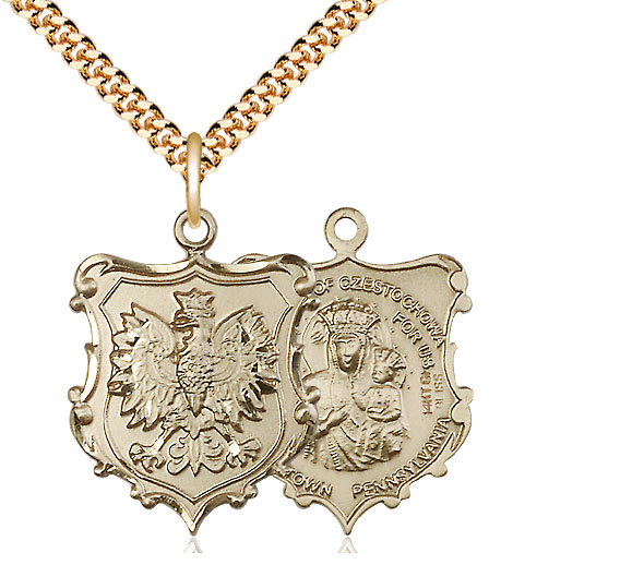 14kt Gold Filled Our Lady of Czestochowa Pendant on a 24 inch Gold Plate Heavy Curb chain