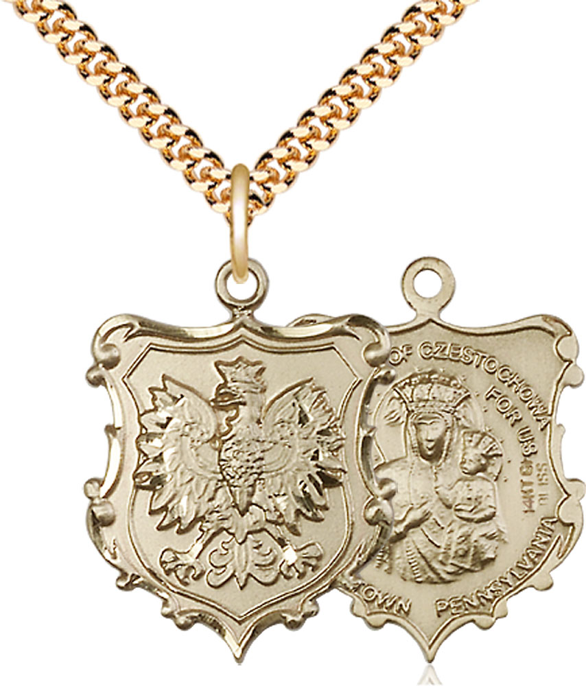 14kt Gold Filled Our Lady of Czestochowa Pendant on a 24 inch Gold Plate Heavy Curb chain