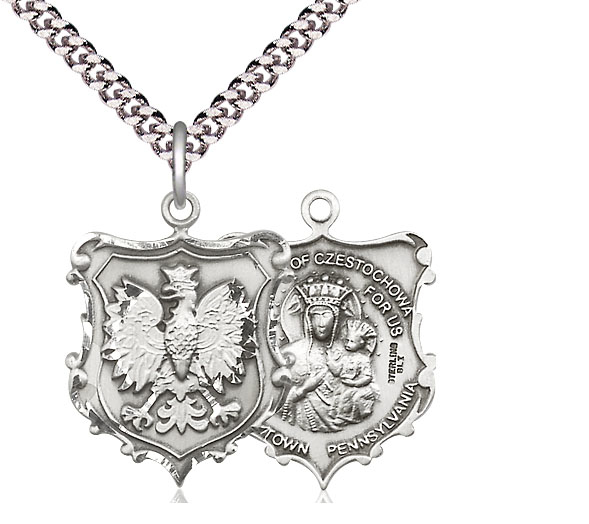 Sterling Silver Our Lady of Czestochowa Pendant on a 24 inch Light Rhodium Heavy Curb chain