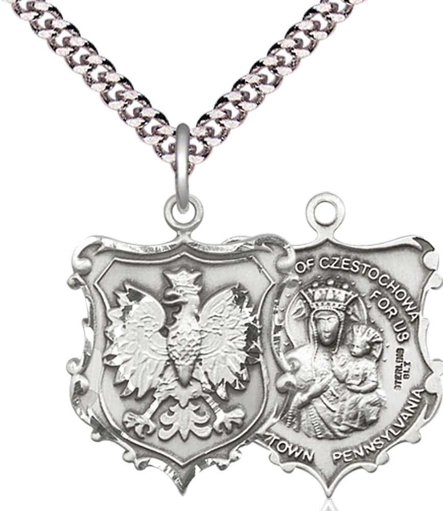 Sterling Silver Our Lady of Czestochowa Pendant on a 24 inch Light Rhodium Heavy Curb chain