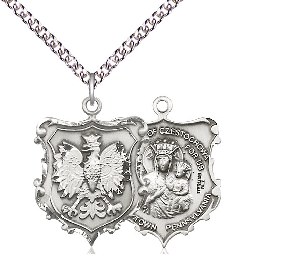 Sterling Silver Our Lady of Czestochowa Pendant on a 24 inch Sterling Silver Heavy Curb chain