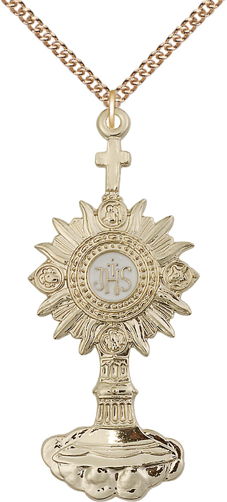 14kt Gold Filled Monstrance Pendant on a 24 inch Gold Filled Heavy Curb chain