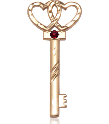 14kt Gold Filled Key w/Double Hearts Medal with a 3mm Garnet Swarovski stone