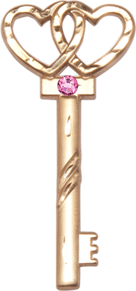 14kt Gold Filled Key w/Double Hearts Medal with a 3mm Rose Swarovski stone