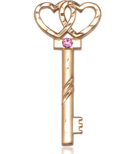 14kt Gold Filled Key w/Double Hearts Medal with a 3mm Rose Swarovski stone