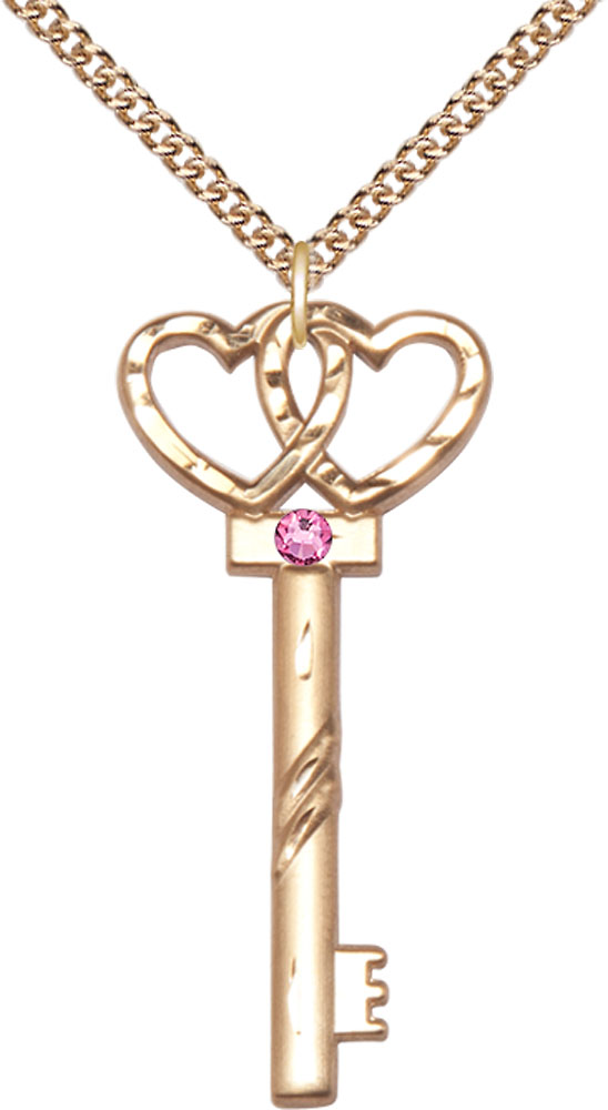 14kt Gold Filled Key w/Double Hearts Pendant with a 3mm Rose Swarovski stone on a 24 inch Gold Filled Heavy Curb chain