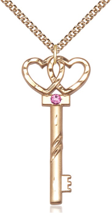 14kt Gold Filled Key w/Double Hearts Pendant with a 3mm Rose Swarovski stone on a 24 inch Gold Filled Heavy Curb chain