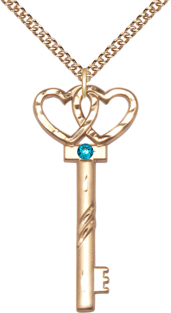 14kt Gold Filled Key w/Double Hearts Pendant with a 3mm Zircon Swarovski stone on a 24 inch Gold Filled Heavy Curb chain