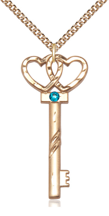 14kt Gold Filled Key w/Double Hearts Pendant with a 3mm Zircon Swarovski stone on a 24 inch Gold Filled Heavy Curb chain