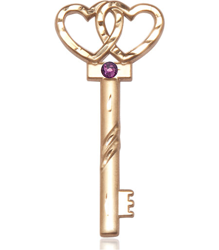 14kt Gold Filled Key w/Double Hearts Medal with a 3mm Amethyst Swarovski stone