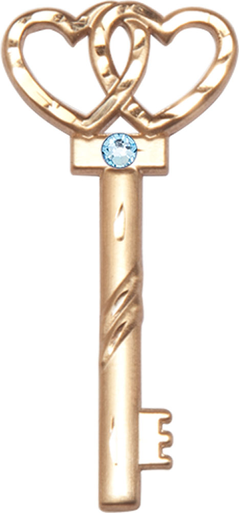 14kt Gold Filled Key w/Double Hearts Medal with a 3mm Aqua Swarovski stone