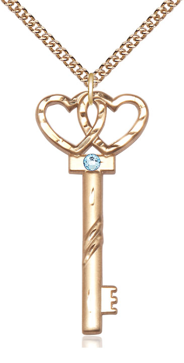 14kt Gold Filled Key w/Double Hearts Pendant with a 3mm Aqua Swarovski stone on a 24 inch Gold Filled Heavy Curb chain