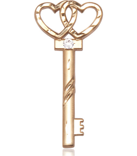 14kt Gold Filled Key w/Double Hearts Medal with a 3mm Crystal Swarovski stone