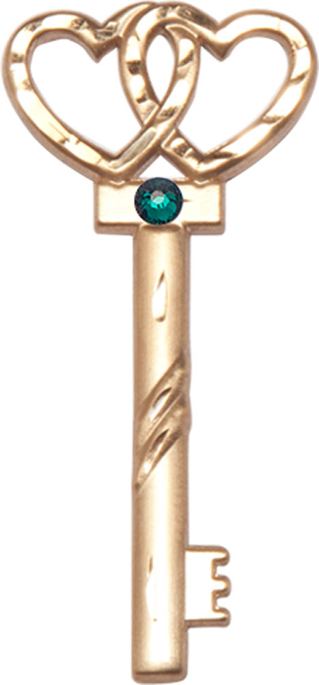 14kt Gold Filled Key w/Double Hearts Medal with a 3mm Emerald Swarovski stone