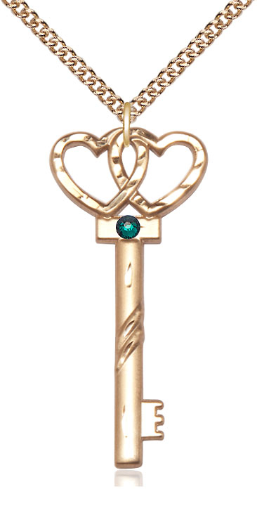 14kt Gold Filled Key w/Double Hearts Pendant with a 3mm Emerald Swarovski stone on a 24 inch Gold Filled Heavy Curb chain