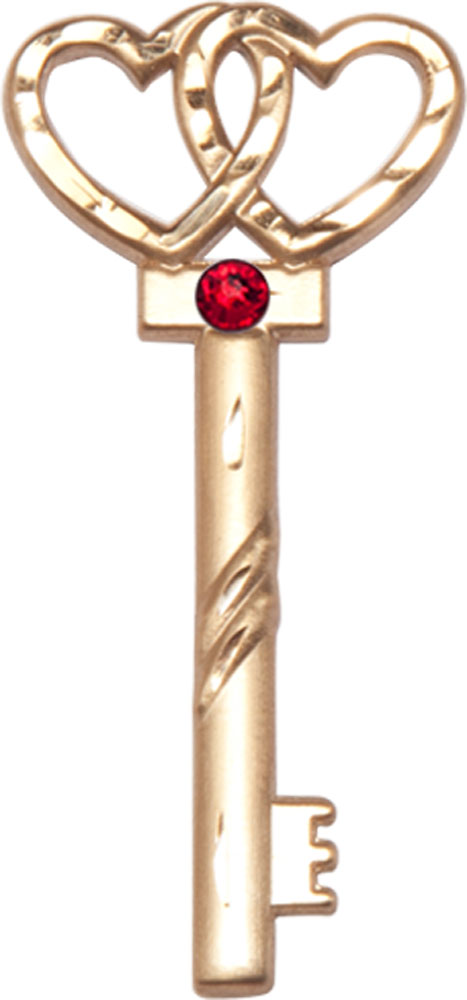 14kt Gold Filled Key w/Double Hearts Medal with a 3mm Ruby Swarovski stone