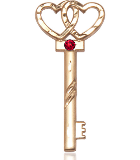 14kt Gold Filled Key w/Double Hearts Medal with a 3mm Ruby Swarovski stone