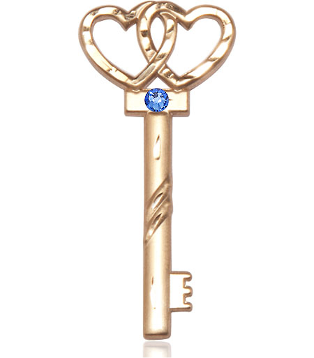 14kt Gold Filled Key w/Double Hearts Medal with a 3mm Sapphire Swarovski stone