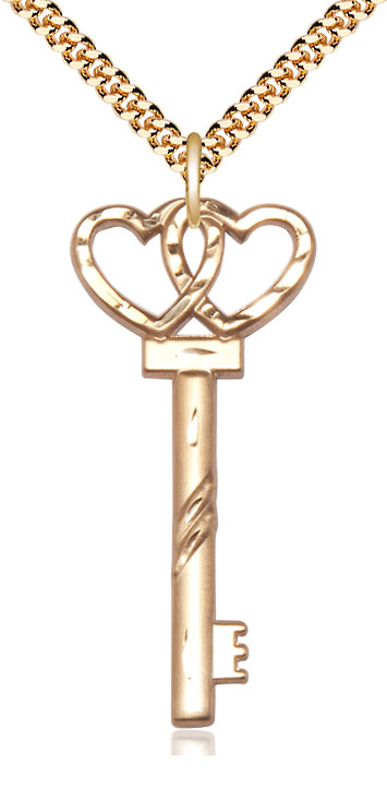 14kt Gold Filled Key w/Double Hearts Pendant on a 24 inch Gold Plate Heavy Curb chain