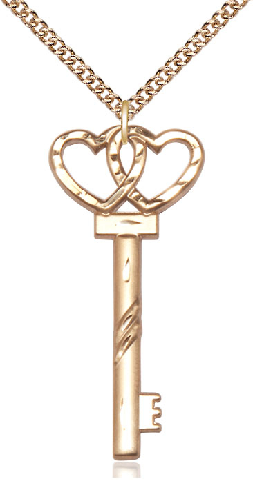14kt Gold Filled Key w/Double Hearts Pendant on a 24 inch Gold Filled Heavy Curb chain