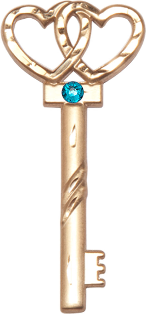 14kt Gold Key w/Double Hearts Medal with a 3mm Zircon Swarovski stone