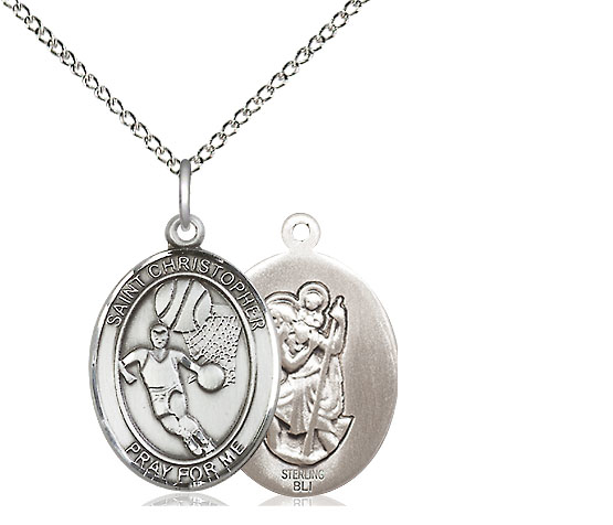 Sterling Silver Saint Christopher Basketball Pendant on a 18 inch Sterling Silver Light Curb chain